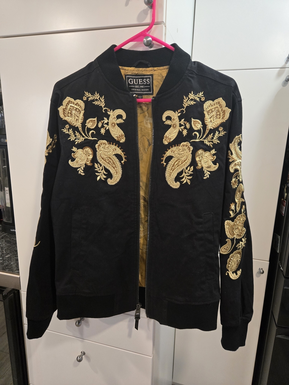 GUESS Men's Maxim Embroidered Bomber Jacket - NWT Black & Gold